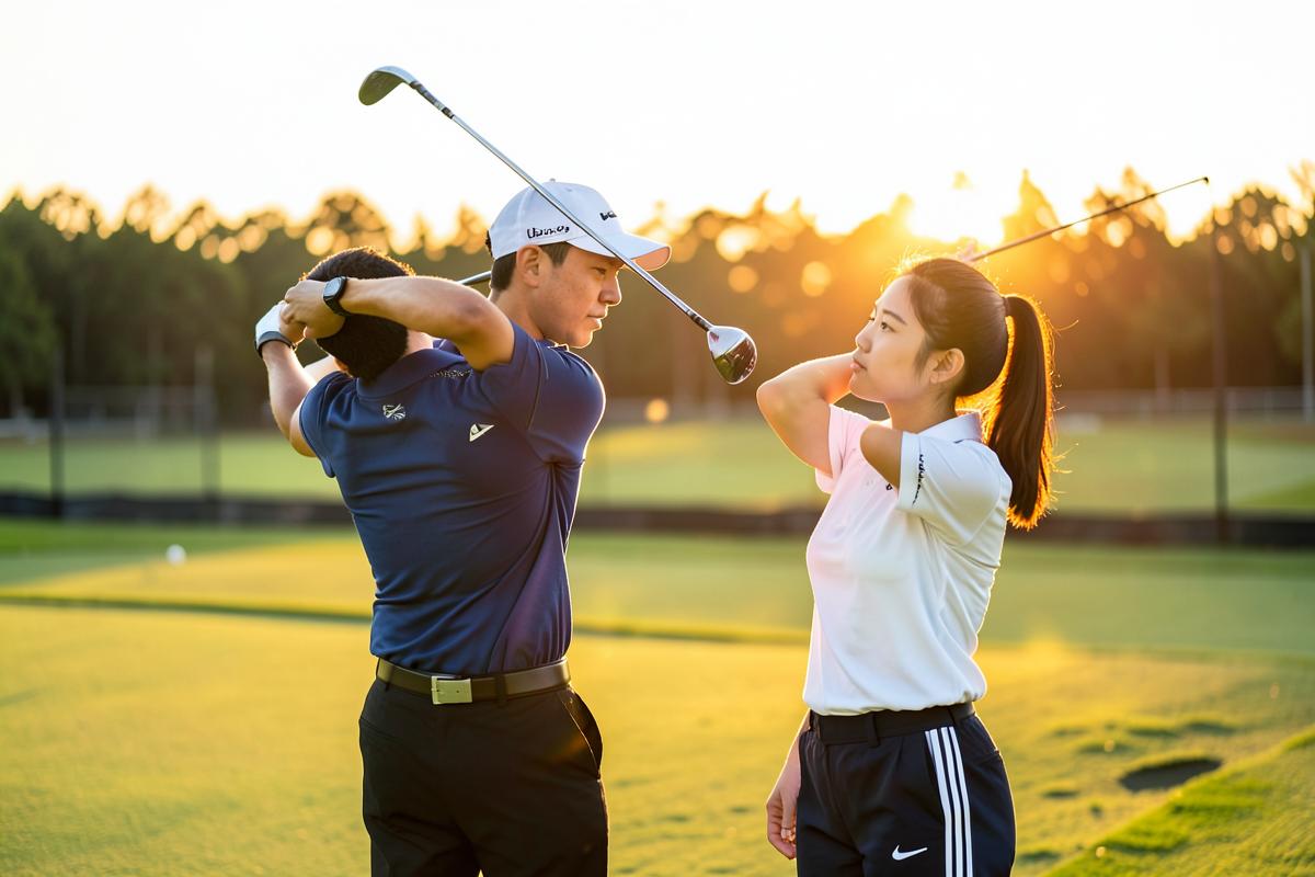 A golf instructor demonstrating swing mechanics to a teenage golfer at a driving range