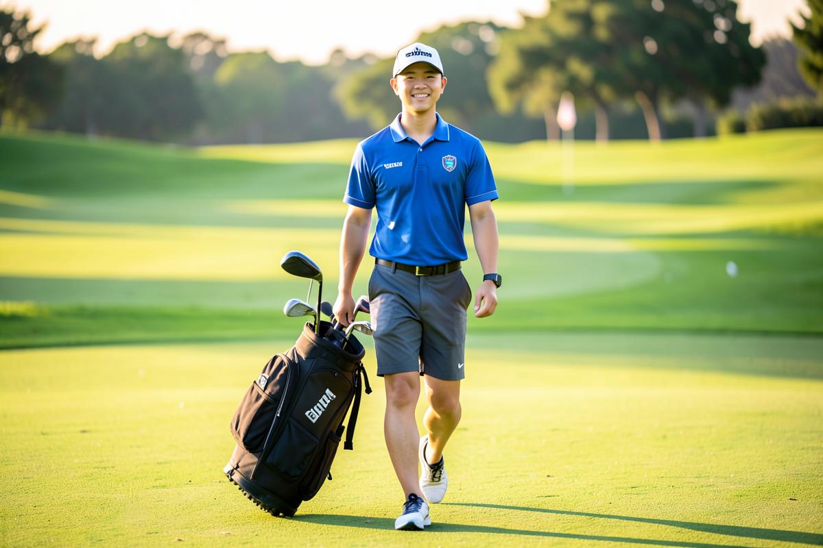A college-age golfer walking a fairway carrying a golf bag in morning light