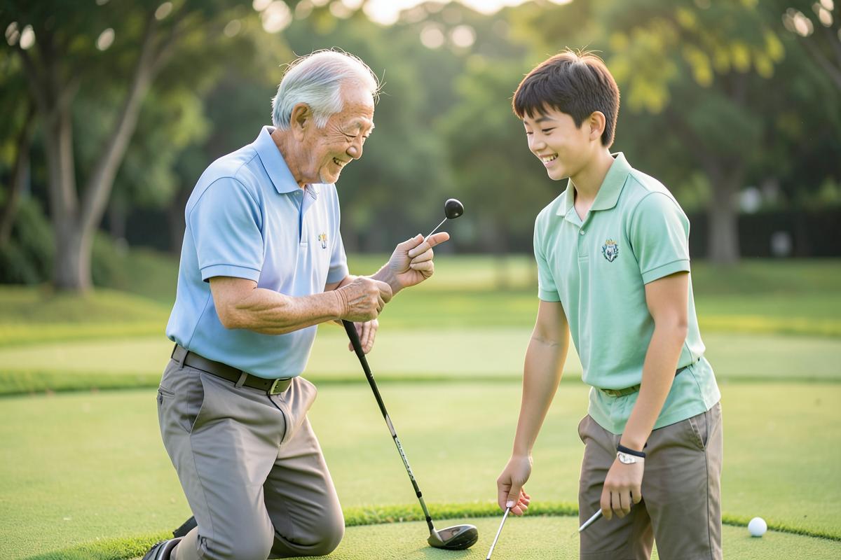 An older golfer sharing a putting tip with a teenage golfer on a putting green