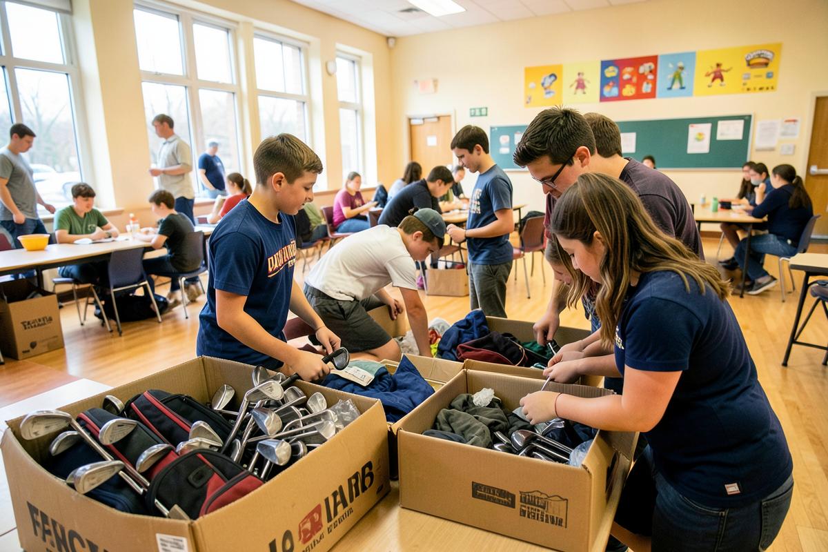 Youth volunteers sorting donated golf clubs and bags into boxes