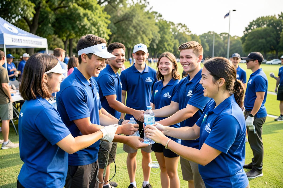 Teenage volunteers in matching shirts helping at a community golf charity event